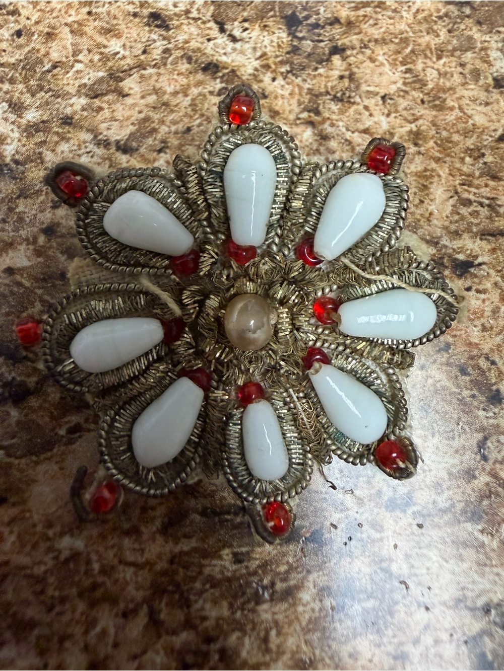 Vintage India Zardozi Bullion Embroidery Brooch White Red Bead Floral Pin